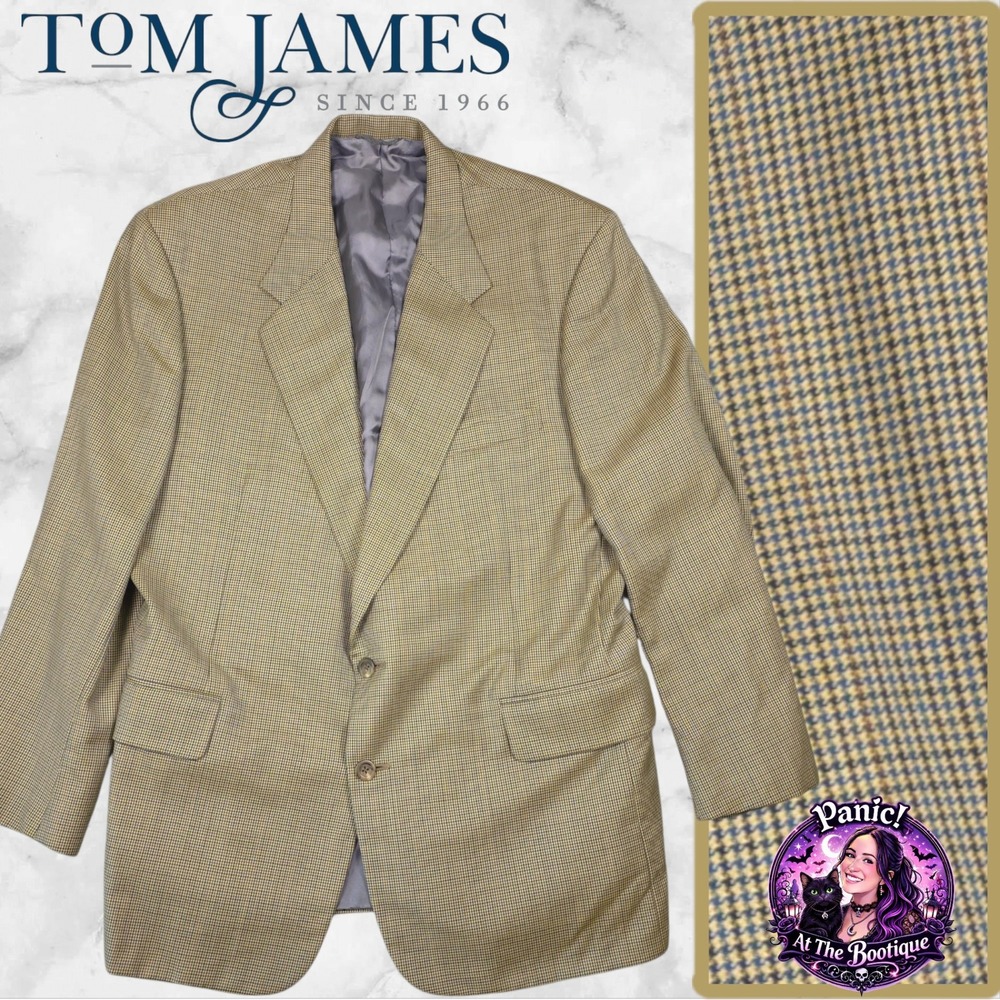 Tom James Blazer Mens 44L Birdseye Tan Plaid Sport Coat Tailored‎ USA Union Made